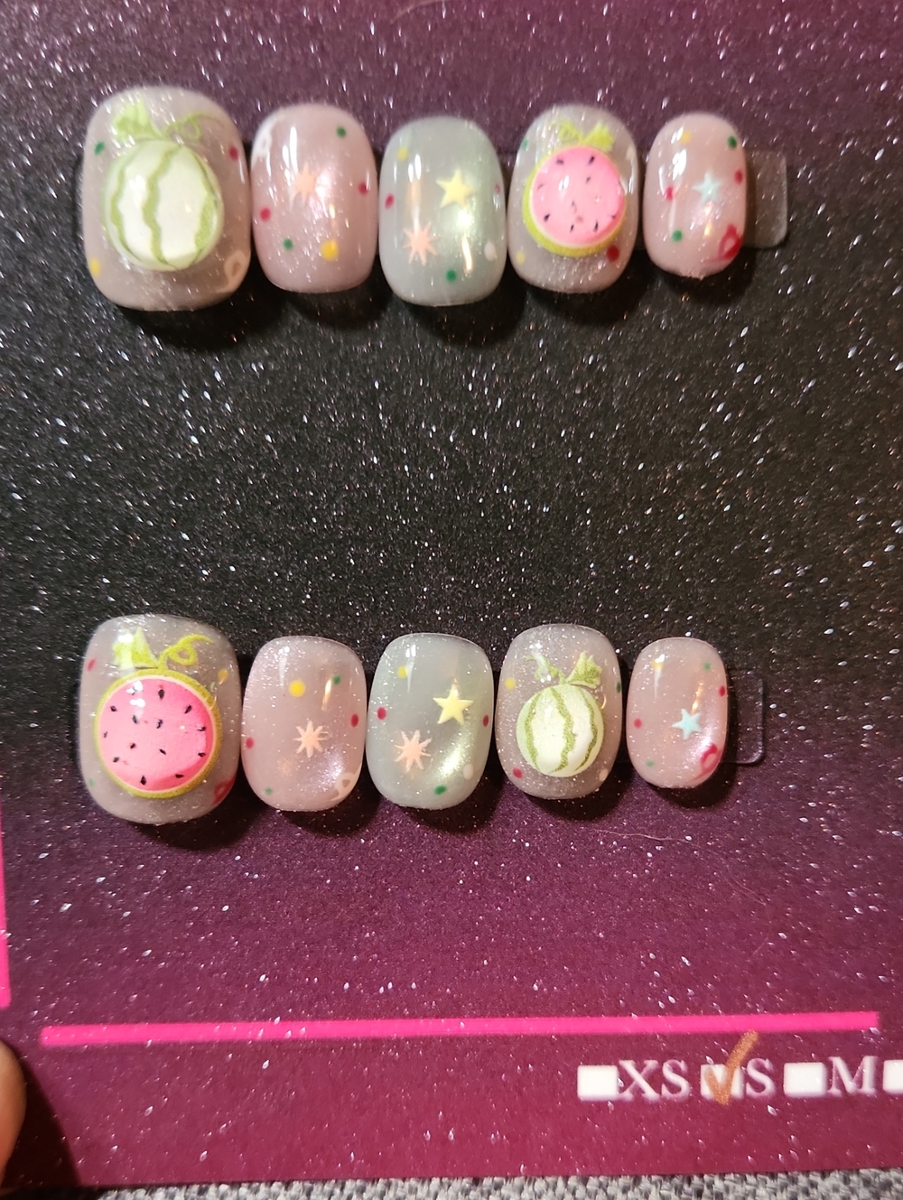 Pink/Green Watermelon Press On Nails. Size Small